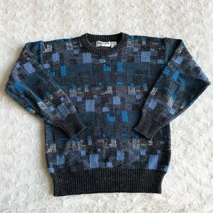 Vintage Michael Gerald Sweater Mens Medium Blue Geometric Cosby Grandpa 90s Vtg